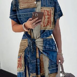 Plus Size Casual Denim Print Graphic Crew Neck Raglan Sleeve T-shirt, Plus Tops, color:Blue|size:4X, Stylewe