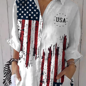 Women Independence Day (Flag) Three Quarter Sleeve Shirt Spring/Fall Printing Shirt Collar Daily Casual Top, JustFashionNow Shirts, color:White|size:5XL,
