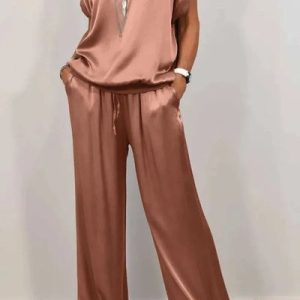 Women Plain Two-Piece Set Daily Half Sleeve Casual Summer Top With Pants Matching Set, JustFashionNow Suit Set, color:Coffee|size:3XL,