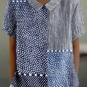 Vintage Striped Shawl Collar Short Sleeve T-shirt, Blouses, color:Blue|size:4XL, catalog Noracora shop