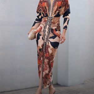Vintage Baroque Deep V Neck Long Sleeve Slit Bodycon Dress Ruched Slim Fit Vacation Dress, women Print Dresses, ChicMe catalog
