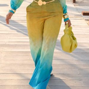 Vacation Gradient Pattern Wide Leg Pants No Belt, Pants, color:As Picture|size:XXL, Stylewe