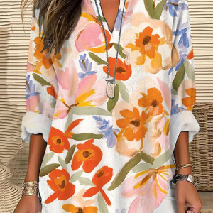 Women Floral Long Sleeve Blouse Spring/Fall Printing V Neck Daily Casual Top, JustFashionNow Shirts, color:Orange|size:5XL,