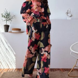 2 Pieces Outfit Floral Print Elastic Off Shoulder Ruffle Cuffs Top and Casual Elastic Back Waist Wide Leg Pants Set, women Two-piece Sets, ChicMe catalog