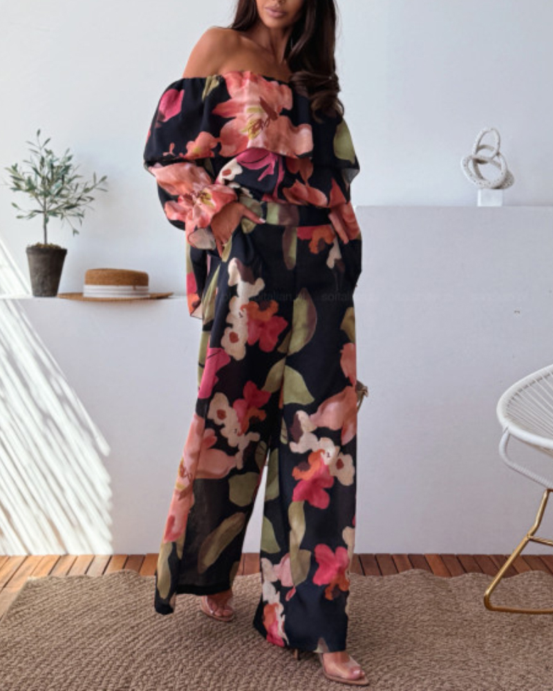 2 Pieces Outfit Floral Print Off Shoulder Bell Sleeve Ruffles Top and Casual Elastic Back Waist Wide Leg Pants Set, women Two-piece Sets, ChicMe catalog