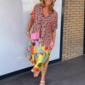 Women Floral Short Sleeve Summer Dress Half Open Collar Daily Vintage Maxi Shirt Dress A-Line Dress, JustFashionNow Dresses, color:Orange|size:5XL,
