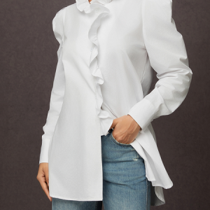 Lotus Leaf Collar Long sleeve Loose Plain Urban Blouse, Blouses and Shirts, color:White|size:XXL, Stylewe