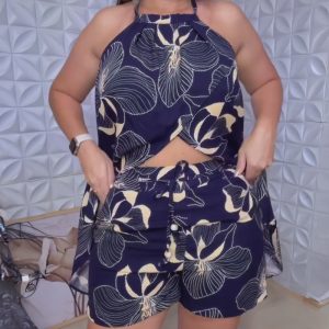 2 Pieces Outfit Floral Print Halter Split Hem Front Top and Casual Drawstring Elastic High Waist Shorts Set With Pockets, women Two-piece Sets, ChicMe catalog