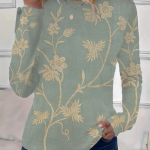 Women Floral Long Sleeve Tee T-shirt Crew Neck Printing Casual Spring/Fall Graphic Tee Top, JustFashionNow T-Shirts, color:Green|size:XXL