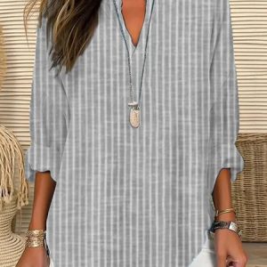 Women Striped Long Sleeve Blouse Spring/Fall Printing V Neck Daily Casual Top, JustFashionNow Shirts, color:Gray|size:5XL,