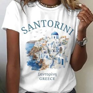 Casual Landscape Print Santorini Greece Vacation Short-Sleeve T-Shirt, T-shirts, color:White|size:4XL, catalog Noracora shop