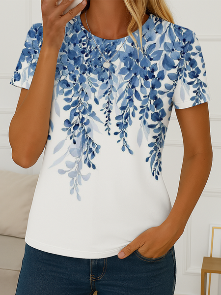 Women Floral Short Sleeve Tee T-shirt Crew Neck Printing Casual Summer Graphic Tee Top, JustFashionNow T-Shirts, color:White|size:XXL - Image 10