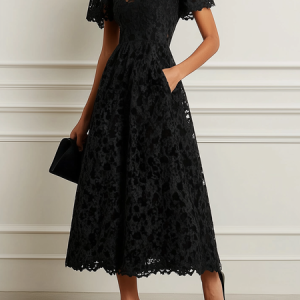 Elegant Plain Puff Sleeve Lace Midi Dress, Maxi Dresses, color:Black|size:XXL, Stylewe