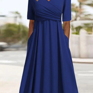 Women Plain Short Sleeve Summer Printing Dress V Neck Daily Casual Maxi A-Line Dress, JustFashionNow Casual Dresses, color:Blue|size:XXL,