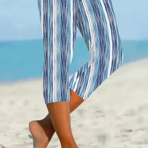 Women Striped Capris Elastic Waist Pants Casual Summer Trousers, JustFashionNow Leggings, color:Blue|size:XXL,