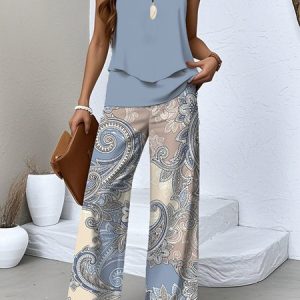 Women Paisley Two-Piece Set Daily Sleeveless Casual Summer Top With Pants Matching Set, JustFashionNow Suit Set, color:Blue|size:XXL,