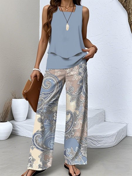 Women Paisley Two-Piece Set Daily Sleeveless Casual Summer Top With Pants Matching Set, JustFashionNow Suit Set, color:Blue|size:XXL,