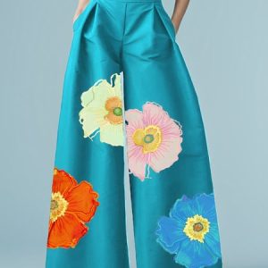Urban Floral Printing Wide Leg Pants, Pants, color:Blue|size:XXL, Stylewe
