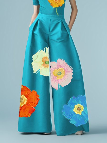 Urban Floral Printing Wide Leg Pants, Pants, color:Blue|size:XXL, Stylewe