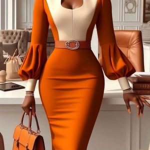 Elegant Color Block Balloon Sleeve Knee Length Dress No Belt, Midi Dresses, color:Orange|size:XXL, Stylewe
