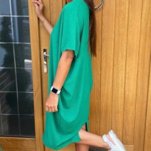 Women Plain Half Sleeve Summer Slit Dress V Neck Daily Casual Maxi Tank A-Line Dress, JustFashionNow Dresses, color:Gunmetal|size:3XL,