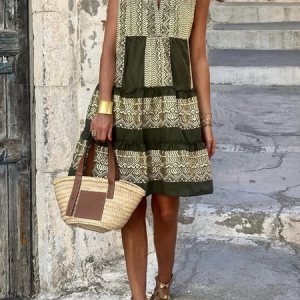 Women Geometric V Neck Sleeveless Comfy Casual Midi Dress, Midi, color:Green|size:4XL, catalog Noracora shop