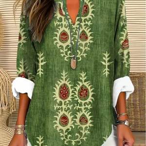 Shawl Collar Half Sleeve Ethnic Geometry Regular Loose Blouse For Women, Blouses, color:Green|size:4XL, catalog Noracora shop
