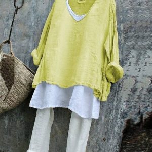 Vintage Plain V Neck Long Sleeve T-shirt, T-shirts, color:Yellow|size:4XL, catalog Noracora shop