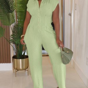 Turn-down Collar Cap Sleeve Button Front Pleated Ribbed Overalls Casual Open Back Wide Leg Elastic Back Waist Jumpsuit, women Jumpsuits, ChicMe catalog
