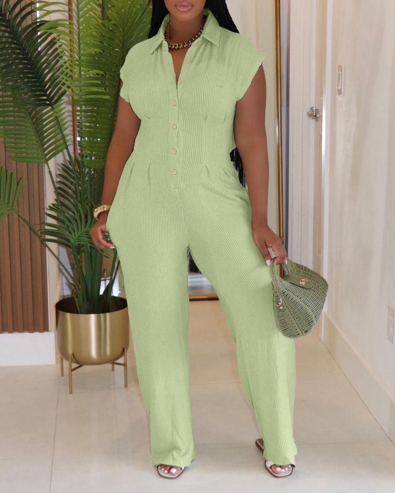 Turn-down Collar Cap Sleeve Button Front Pleated Ribbed Overalls Casual Open Back Wide Leg Elastic Back Waist Jumpsuit, women Jumpsuits, ChicMe catalog
