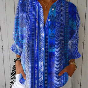 Shirt Collar Three Quarter Sleeve Geometric Printing Regular Loose Shirt For Women, Shirts, color:Blue|size:5XL, catalog Noracora shop