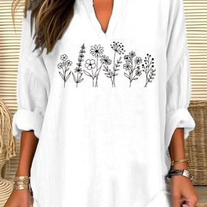 V Neck Long Sleeve Geometric Regular Micro-Elasticity Regular Fit Shirt For Women, Shirts, color:White|size:4XL, catalog Noracora shop