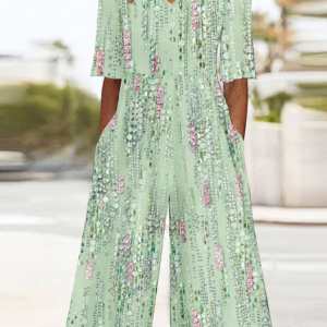 Women Gradient Pattern V Neck Half Sleeve Vintage Summer Jumpsuit, JustFashionNow Jumpsuits＆Rompers, color:Green|size:5XL,