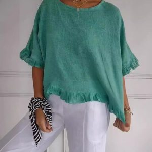 Casual Plain Crew Neck Three Quarter Sleeve T-shirt, Blouses, color:Green|size:3XL, catalog Noracora shop
