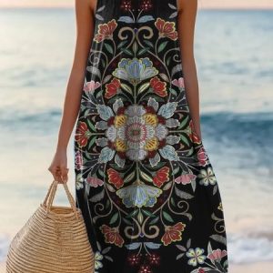 Women Ethnic Summer Dress Crew Neck Sleeveless A-Line Dress, Dresses, color:Black|size:4XL, catalog Noracora shop