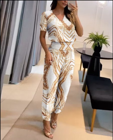 Women Striped Two-Piece Set Daily Short Sleeve Casual Summer Top With Pants Matching Set, JustFashionNow Suit Set, color:Golden|size:XXL,