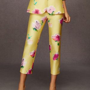 Elegant Floral Cropped Fashion Pants, Pants, color:Yellow|size:XXL, Stylewe