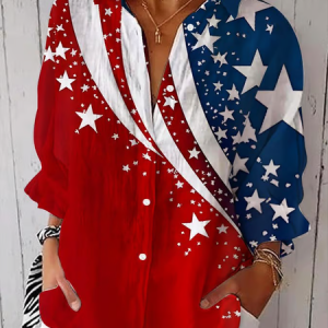 Shirt Collar Three Quarter Sleeve Independence Day (Flag) Printing Regular Loose Shirt For Women, Shirts, color:Red|size:5XL, catalog Noracora shop