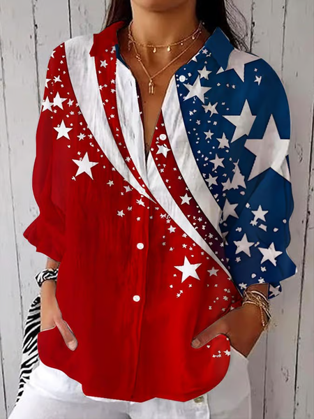 Women Independence Day (Flag) Three Quarter Sleeve Shirt Spring/Fall Printing Shirt Collar Daily Casual Top, JustFashionNow Shirts, color:Red|size:5XL,