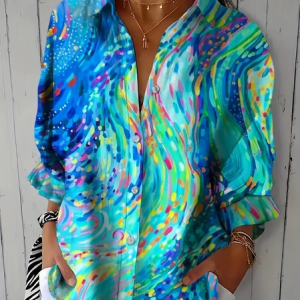 Women Abstract Three Quarter Sleeve Shirt Spring/Fall Printing Shirt Collar Daily Casual Top, JustFashionNow Shirts, color:Cyan|size:5XL,