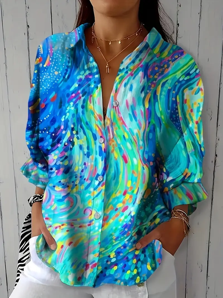 Women Abstract Three Quarter Sleeve Shirt Spring/Fall Printing Shirt Collar Daily Casual Top, JustFashionNow Shirts, color:Cyan|size:5XL,