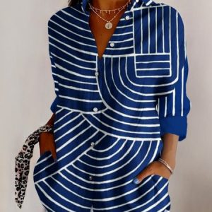 Shirt Collar Long Sleeve Geometric Regular Micro-Elasticity Regular Fit Shirt For Women, Shirts, color:Blue|size:4XL, catalog Noracora shop