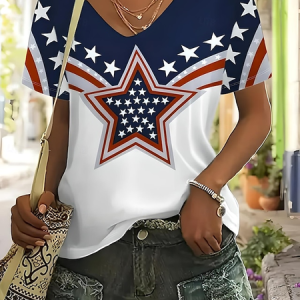 Women America Flag Short Sleeve Tee T-shirt V Neck Casual Summer Top, JustFashionNow T-Shirts, color:As Picture|size:4XL,