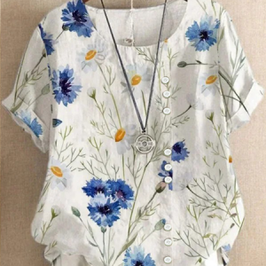 Women Floral Half Sleeve Blouse Summer Crew Neck Daily Casual Top, JustFashionNow Shirts, color:White|size:4XL,
