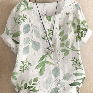 Women Floral Short Sleeve Shirt Summer Printing Crew Neck Daily Casual Top, JustFashionNow Shirts, color:White|size:4XL,