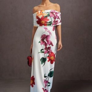 Vacation Off-Shoulder Floral Print Maxi Dress, Maxi Dresses, color:As Picture|size:XXL, Stylewe