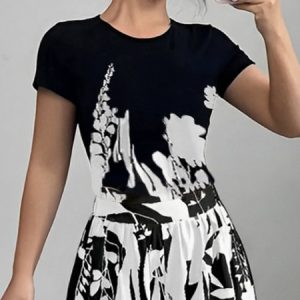 Casual Plants Printing Crew Neck T-shirt, Tees, color:Black-white|size:XXL, Stylewe