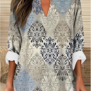 Women's Blouse Graphic Geometric Vintage Floral Daily Long Sleeve V Neck Tops, Blouses, color:Blue|size:4XL, catalog Noracora shop