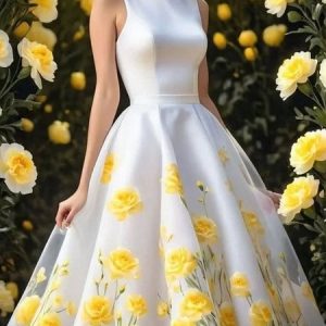 Elegant Floral Printing Crew Neck Knee Length Party Dress, Midi Dresses, color:White-Yellow|size:XXL, Stylewe