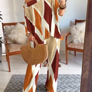 2 Pieces Outfit Abstract Print Cold Shoulder Batwing Sleeve Top and Casual Wide Leg Pants Set, women Two-piece Sets, ChicMe catalog